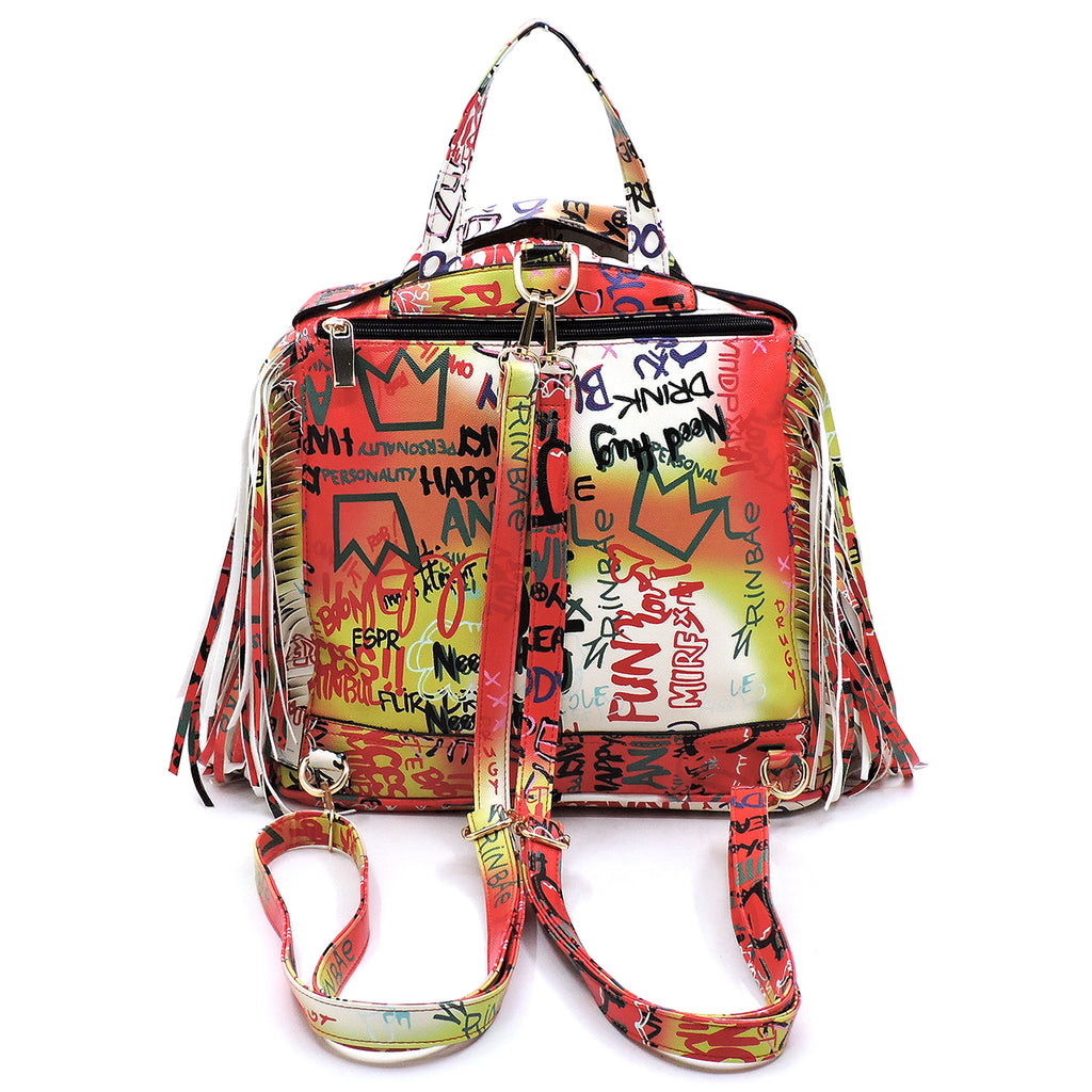 Graffiti Printed Motorcycle Jacket Fringe Backpack