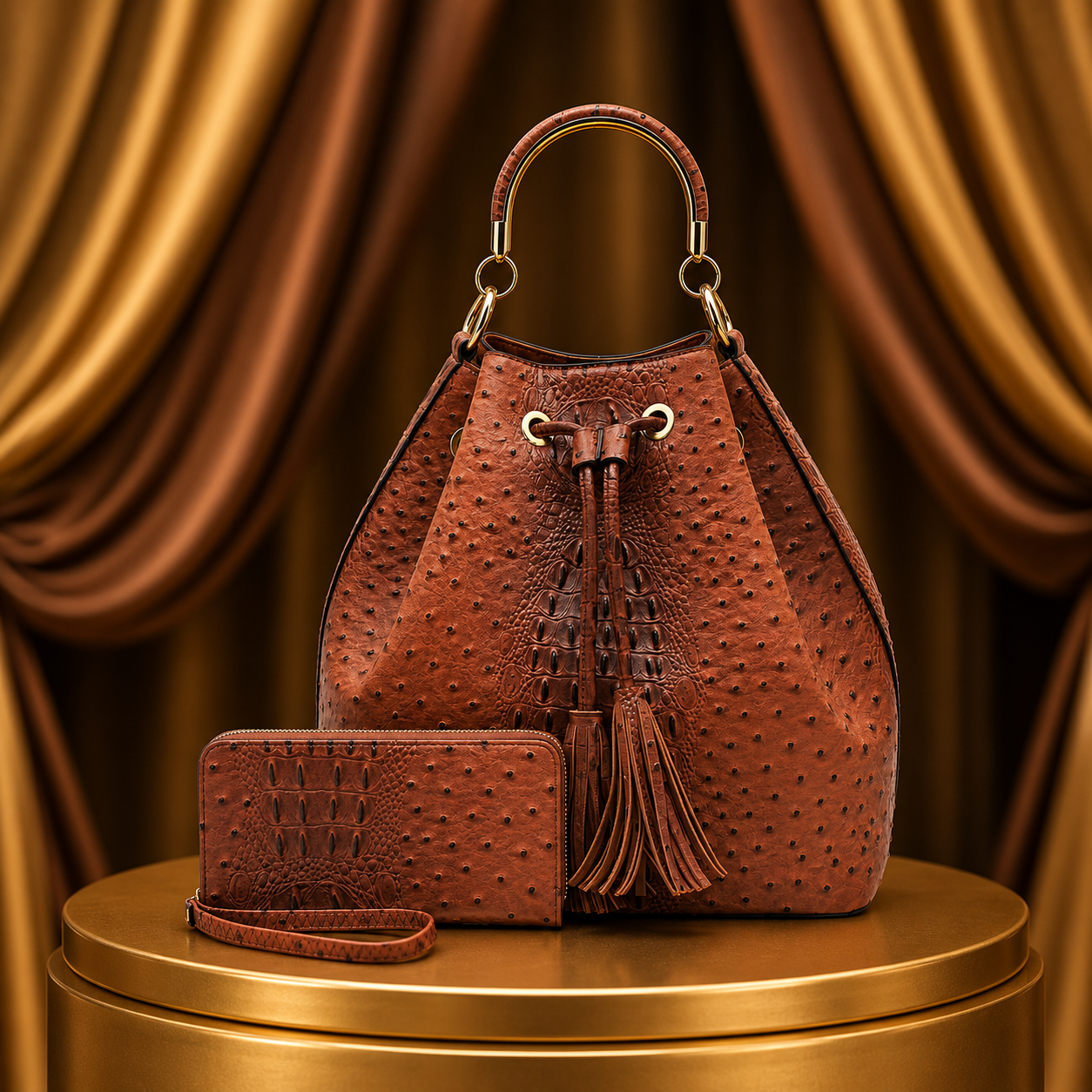 Ostrich Croc Drawstring Bucket 2-in-1 Satchel