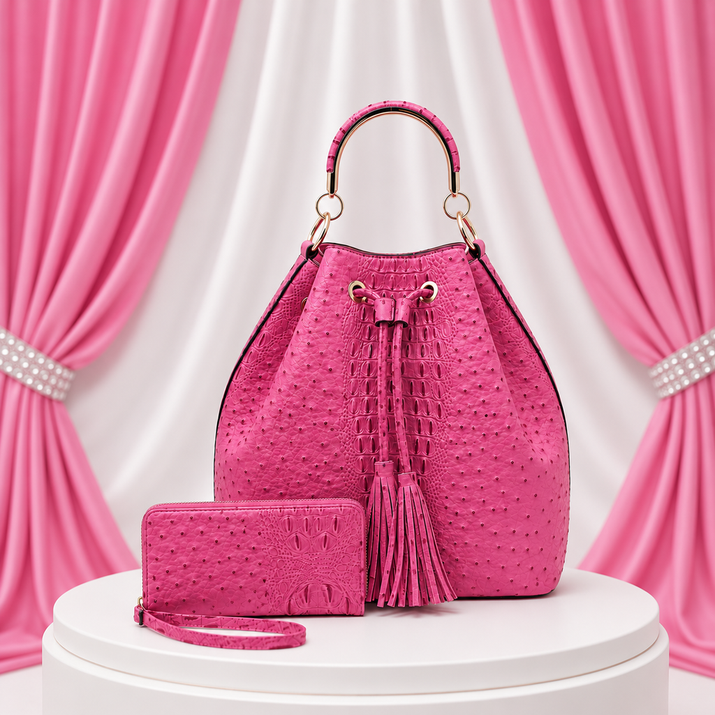Ostrich Croc Drawstring Bucket 2-in-1 Satchel