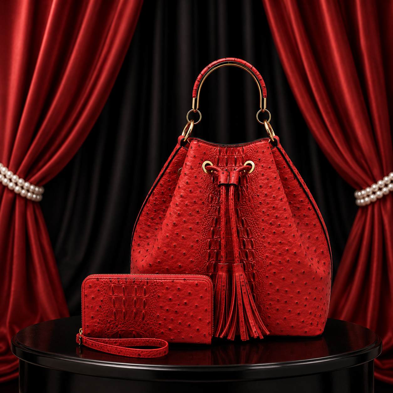 Ostrich Croc Drawstring Bucket 2-in-1 Satchel