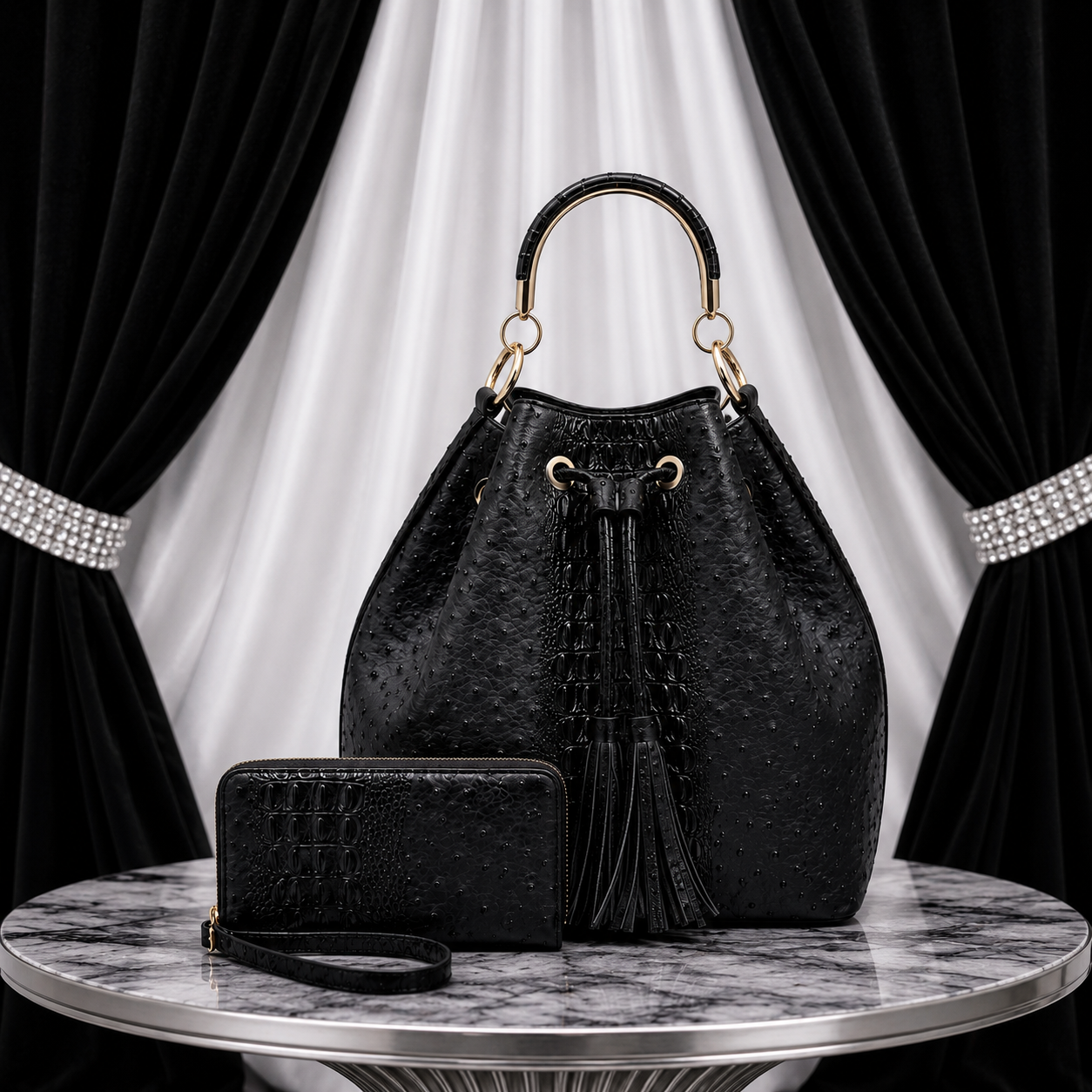 Ostrich Croc Drawstring Bucket 2-in-1 Satchel