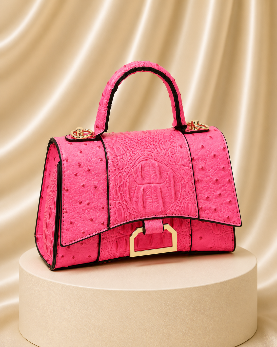 Ostrich Croc Flap Over Satchel Crossbody Bag