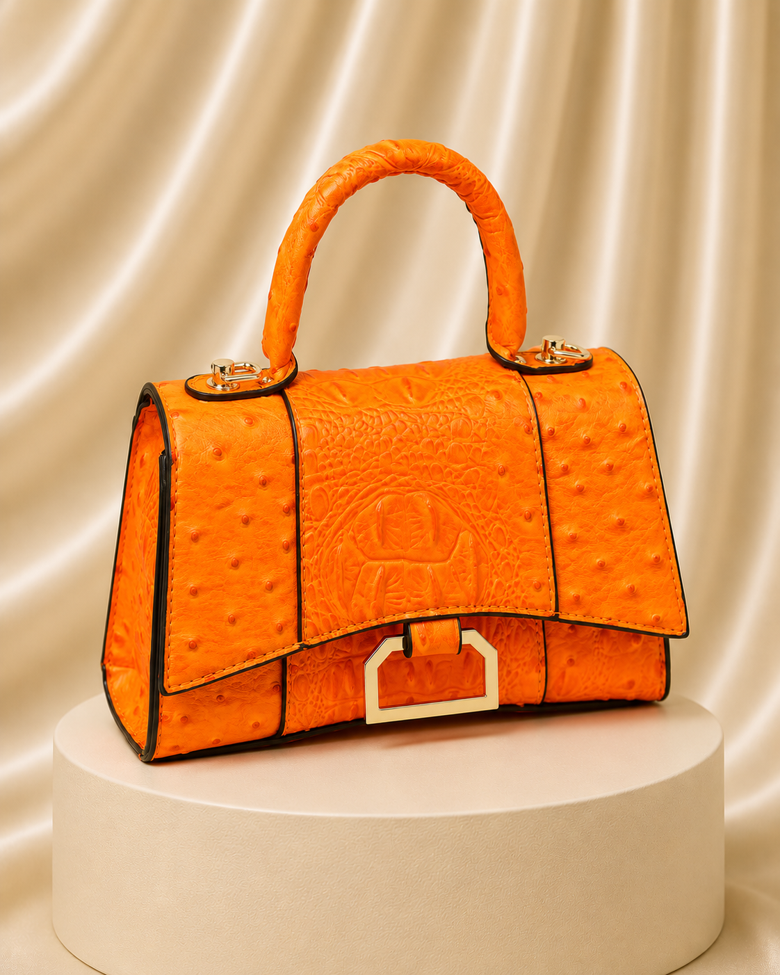 Ostrich Croc Flap Over Satchel Crossbody Bag