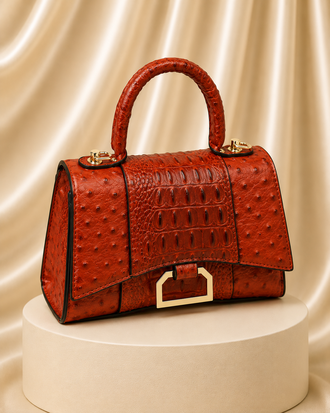 Ostrich Croc Flap Over Satchel Crossbody Bag
