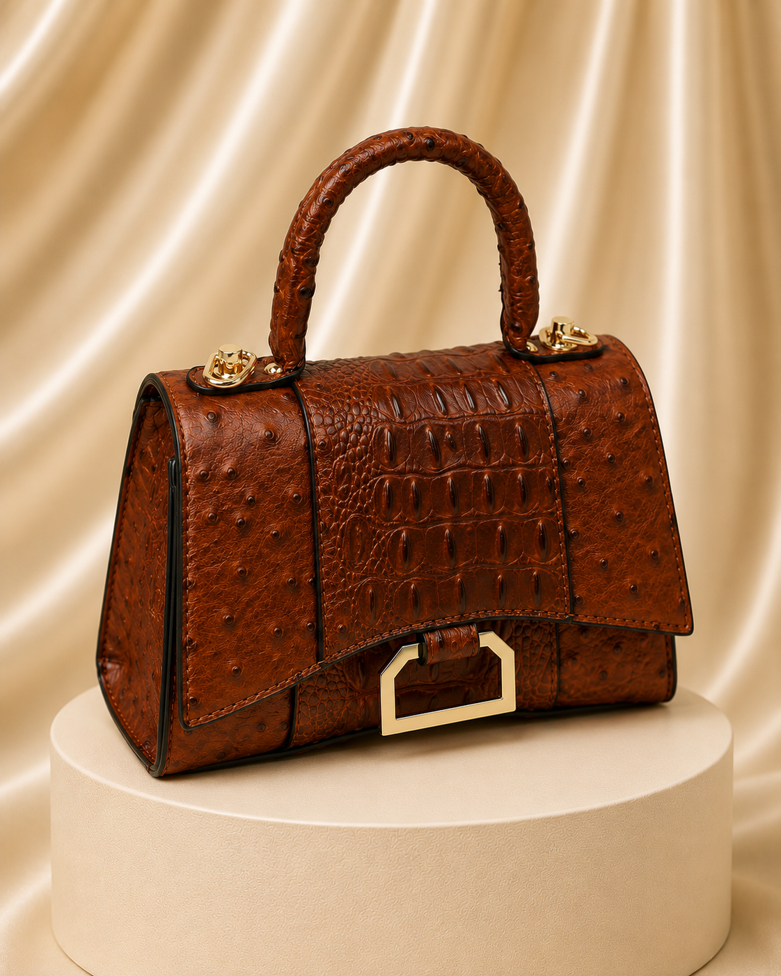 Ostrich Croc Flap Over Satchel Crossbody Bag
