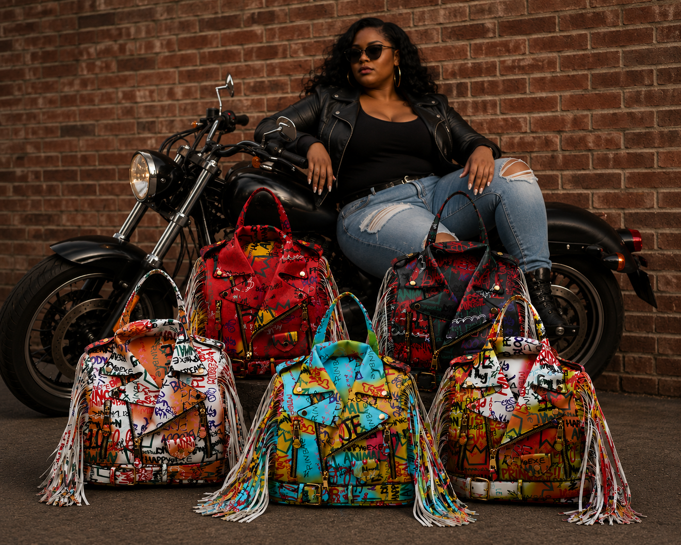 Graffiti Printed Motorcycle Jacket Fringe Backpack