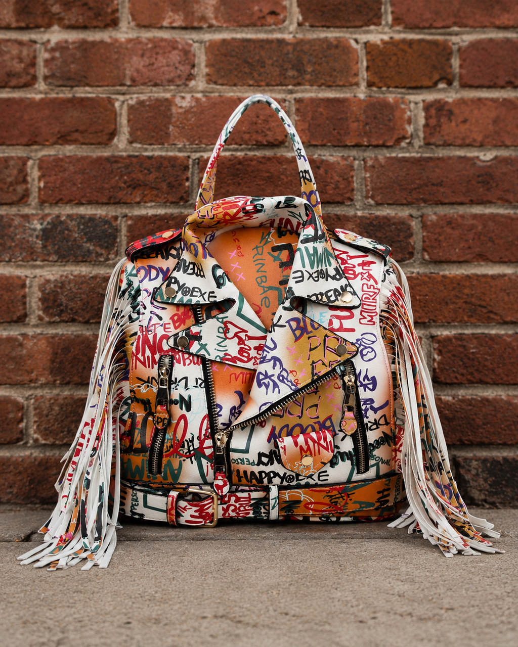 Graffiti Printed Motorcycle Jacket Fringe Backpack