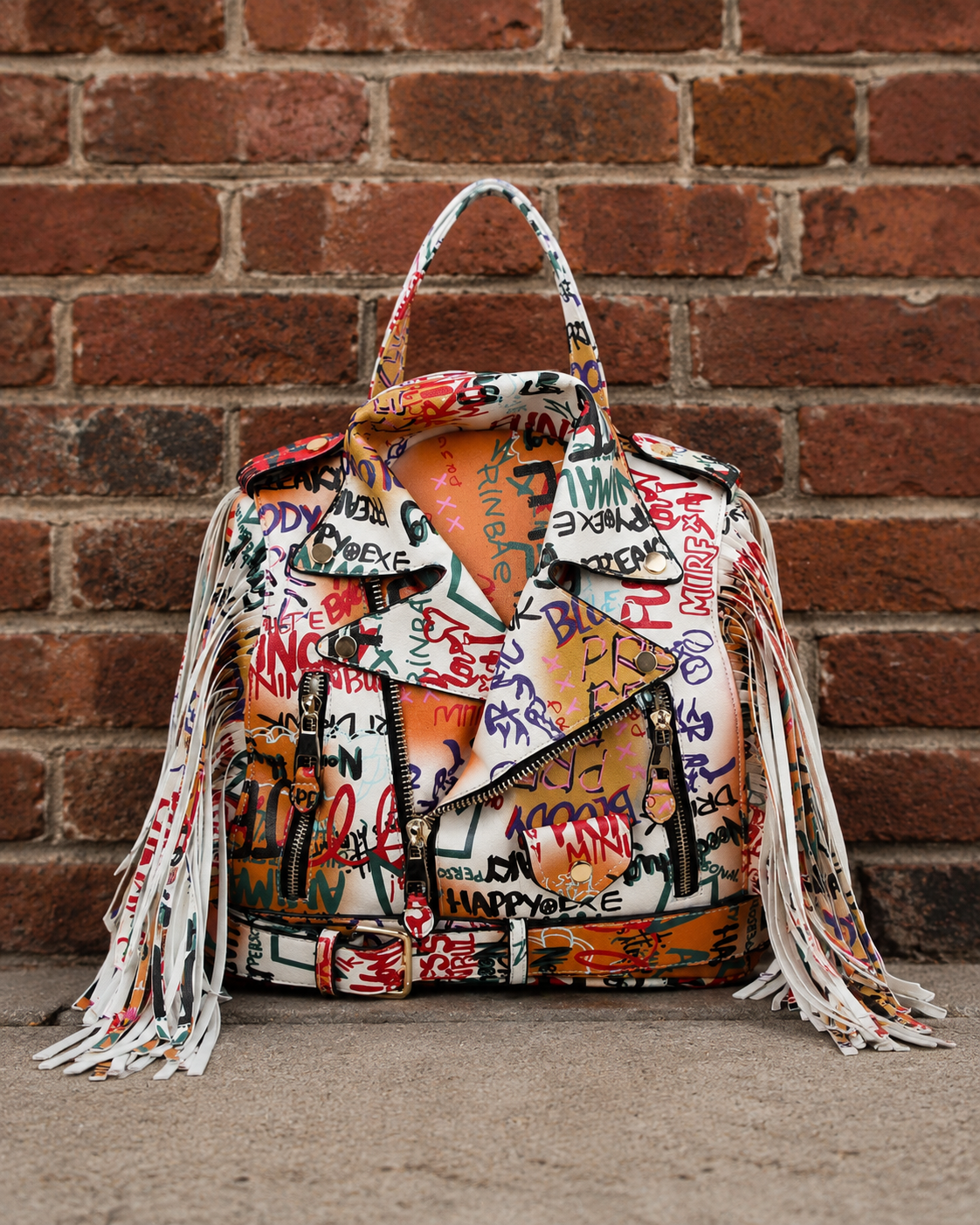 Graffiti Printed Motorcycle Jacket Fringe Backpack
