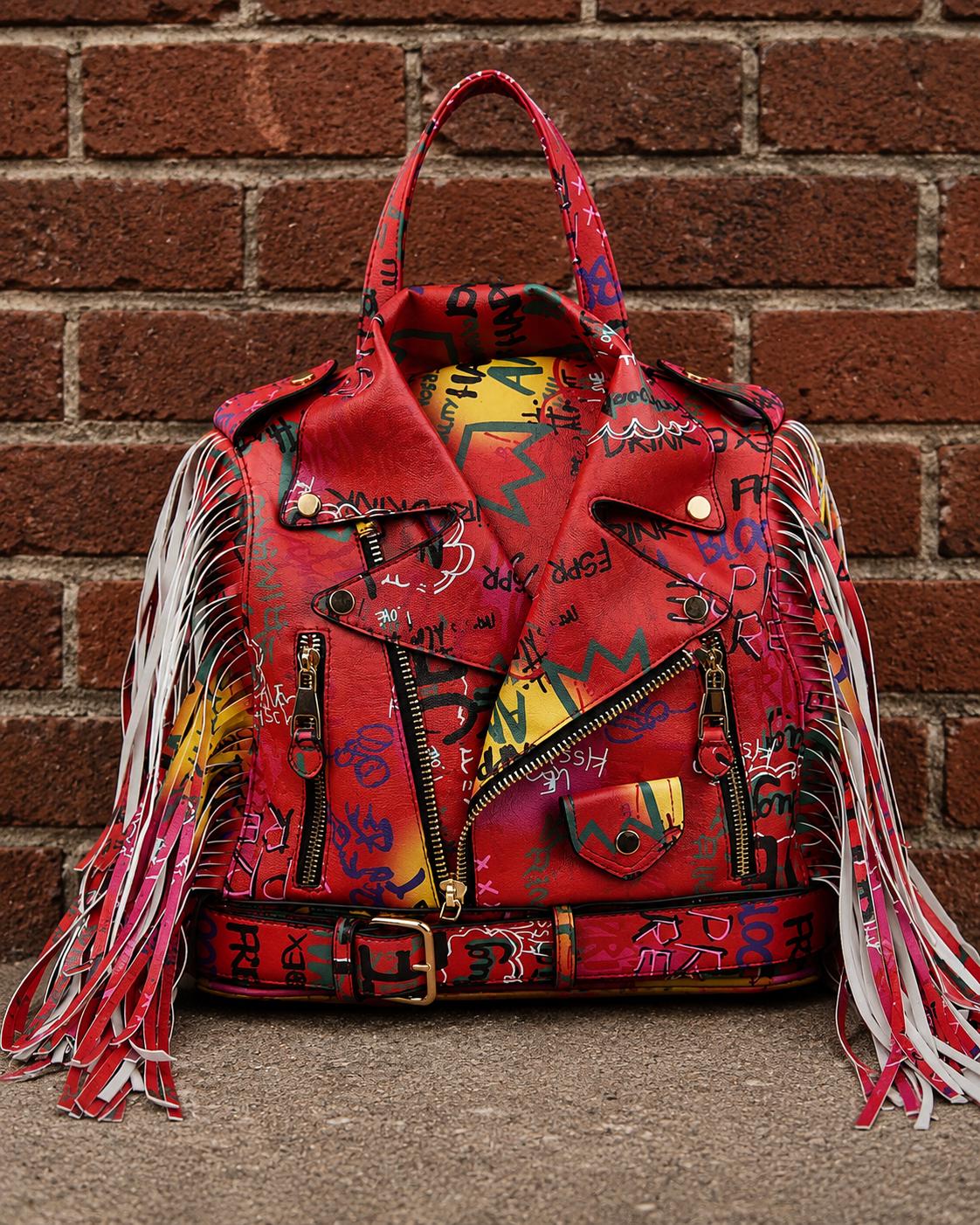 Graffiti Printed Motorcycle Jacket Fringe Backpack