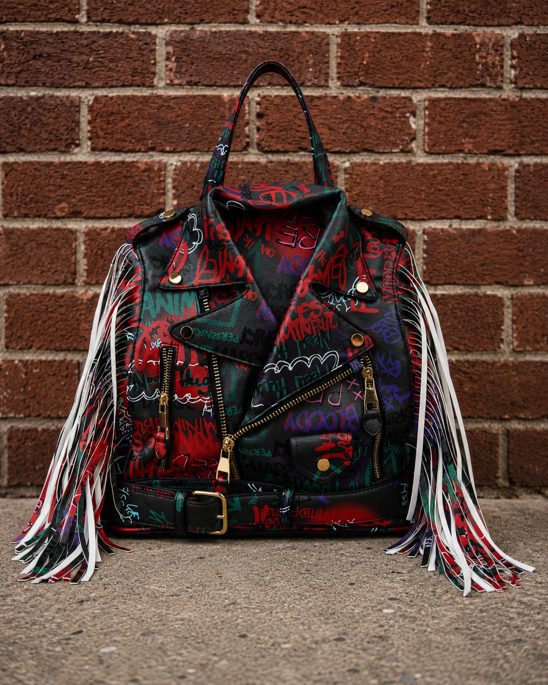 Graffiti Printed Motorcycle Jacket Fringe Backpack