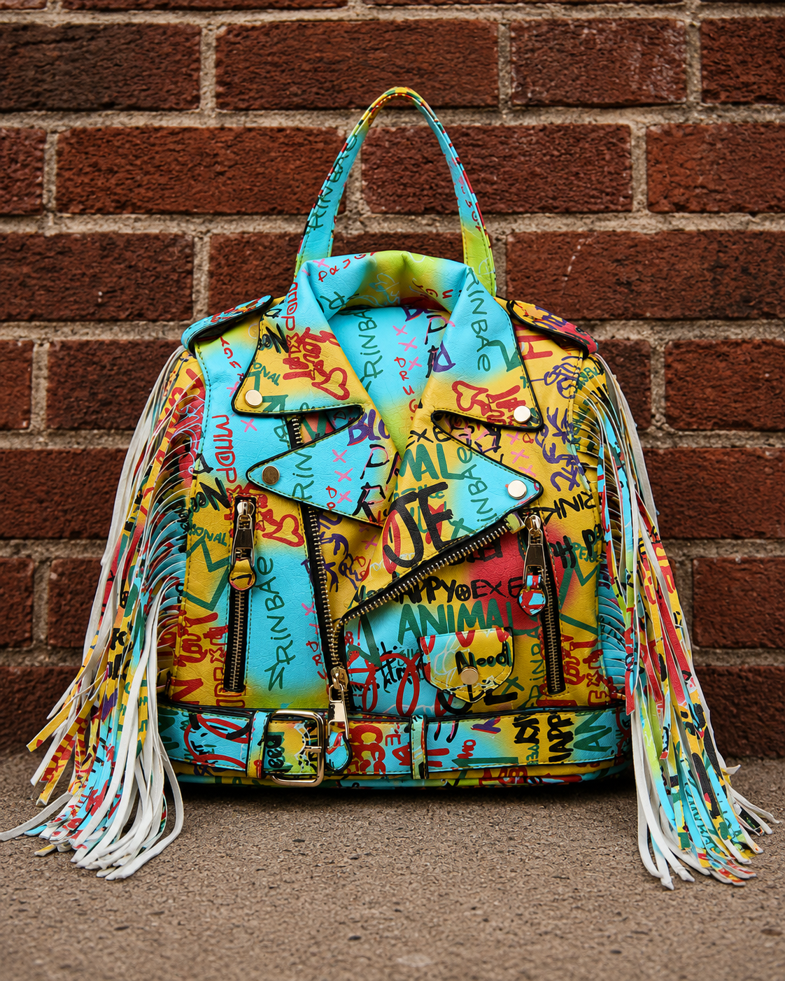 Graffiti Printed Motorcycle Jacket Fringe Backpack