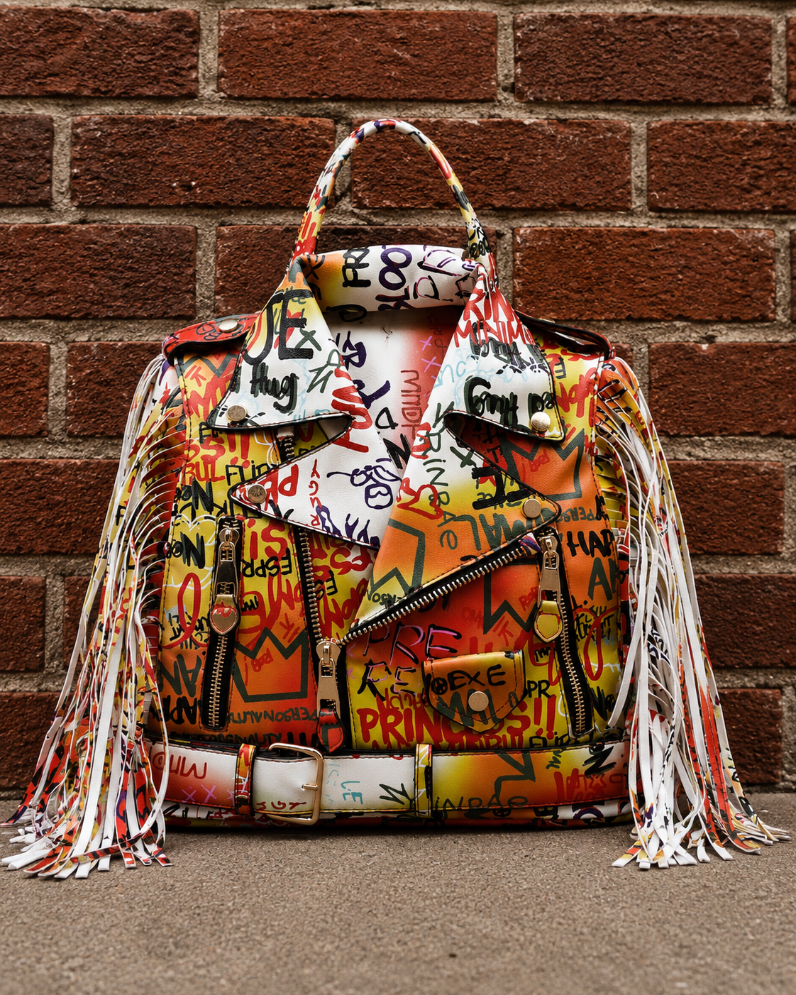 Graffiti Printed Motorcycle Jacket Fringe Backpack