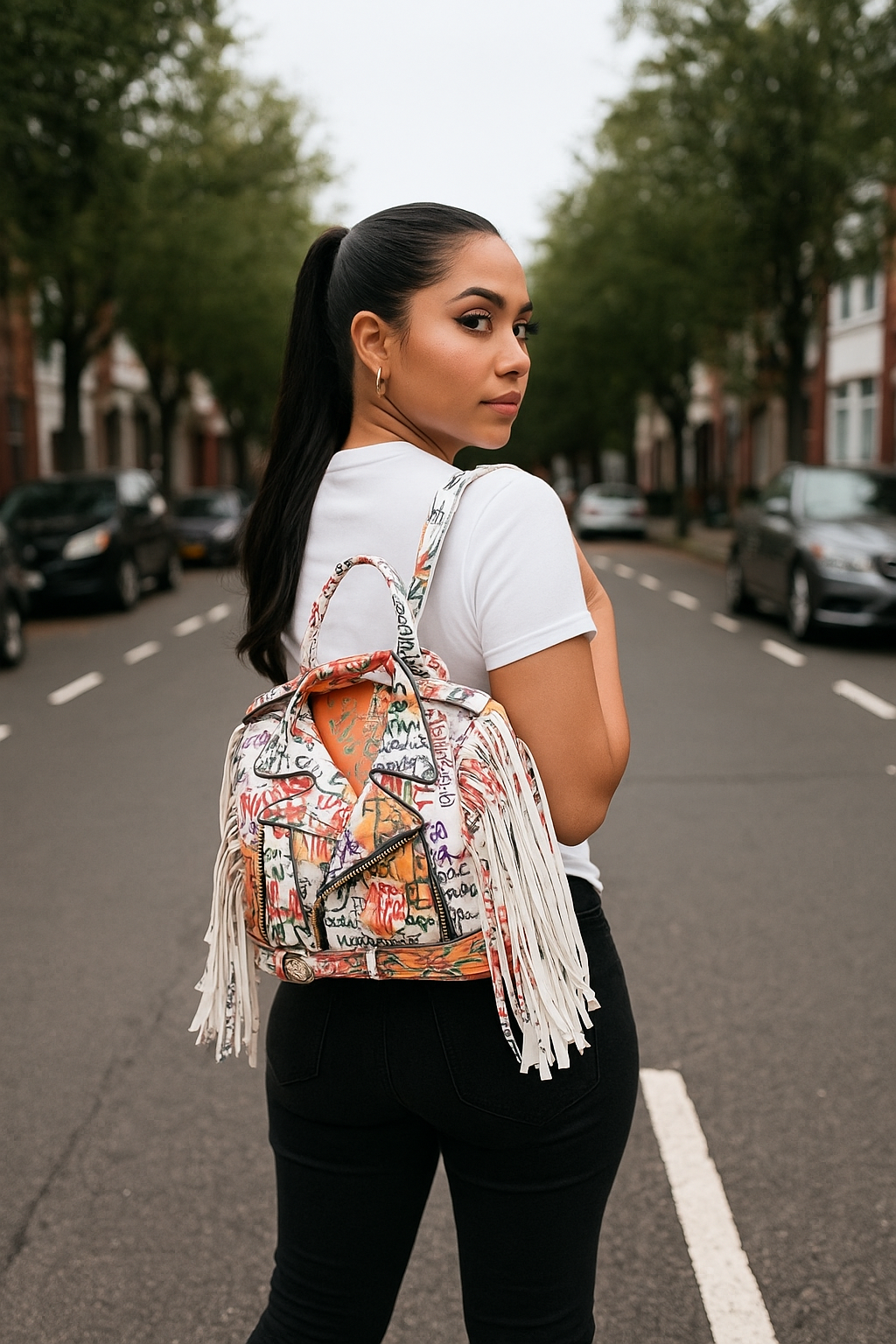 Graffiti Printed Motorcycle Jacket Fringe Backpack