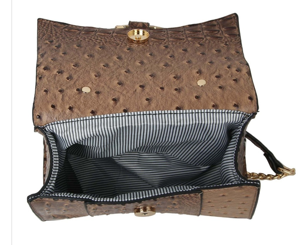 Ostrich Croc Flap Over Satchel Crossbody Bag